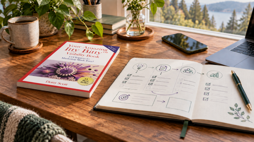 Dotty Scott's Marketing Made Easy paperback beside an open book marketing plan on a writer's desk