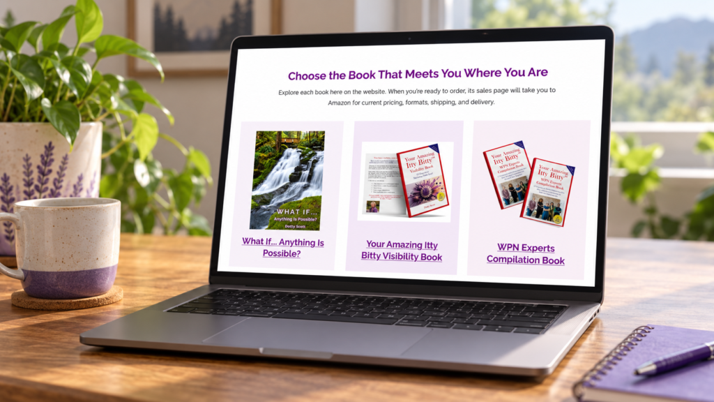 Dotty Scott Books page showing three individual book sales pages on a laptop