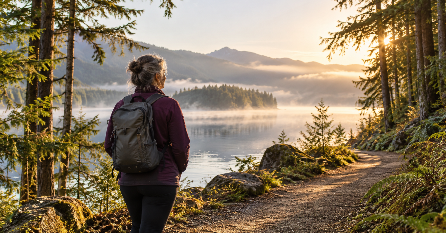 Woman walking beside a misty Pacific Northwest lake toward the morning light